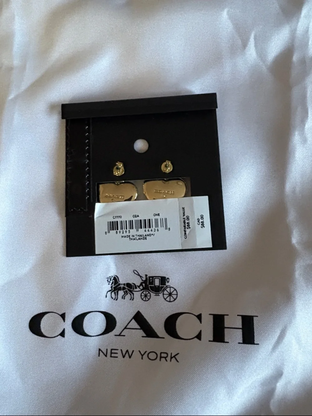 COACH Gold Heart Logo Drop Earrings with Crystal Studs - Picture 3 of 3